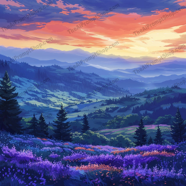 Vibrant Sunset Over Meadows AI MidJourney Image Prompt, 9305 Landscapes & Paintings, midjourney, landscape, sunset, meadows, sunflowers, tulips, greenery, vibrant sky, orange sky, pink sky, purple sky, serene, nature, scenery, beautiful, captivating, rolling hills, flowers, sunny day, warm colors, peaceful, Midjourney, Ai, Ai Image Prompt, Image Prompt, Prompt
