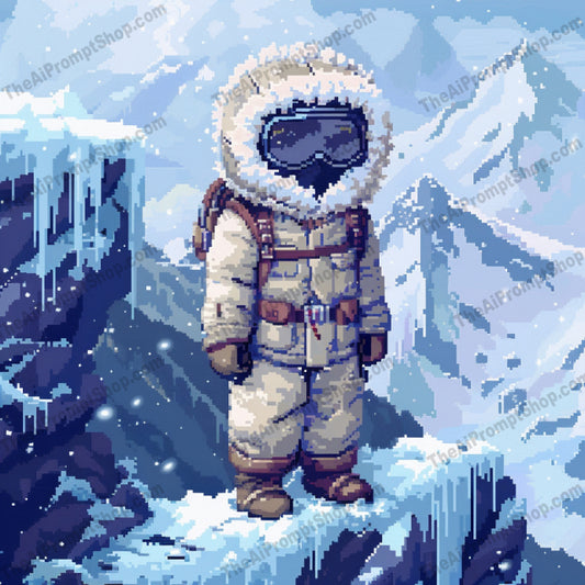 Explorer's Journey Pixel Art AI MidJourney Image Prompt, 82288-bit art, adventure, adventurous settings, ancient ruins, artisticmidjourney, astronaut, detailed pixels, explorer, icy mountain, jungle, nostalgic journey, pixel art, retro, space, unique, vibrant colors, video game art, vintage style, wildlife