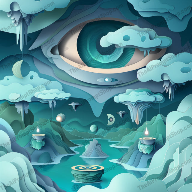 Dreamy Cosmic Landscape AI MidJourney Image Prompt, 8755 Fantasy, midjourney, cosmic, dreamy, surreal, fantasy, vibrant colors, space, nature, mystical, whimsical, abstract shapes, stars, planets, moons, clouds, eye, landscape, imagination, dreamscape, stellar, ethereal, paper art style, Midjourney, Ai, Ai Image Prompt, Image Prompt, Prompt