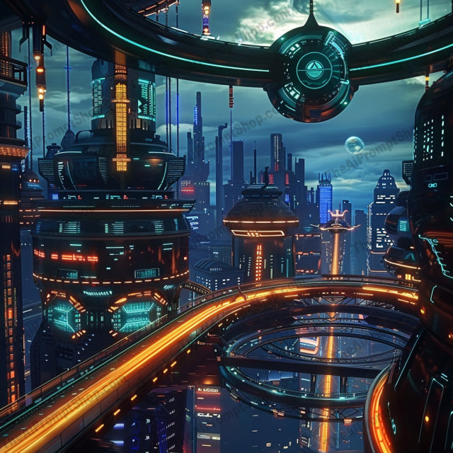 AI MidJourney Image Prompt, Futuristic Metropolis Dreamscape, 5158Advanced urban architecture, Animation, cartoon, Cosmic backdrop, Dystopian future, Extraterrestrial scenery, Futuristic skyline, High-tech transportation, Interstellar civilization, midjourney, Neon cyber city, Orbiting planets view, Sci-fi city, Sci-fi environment art, Space-age technology