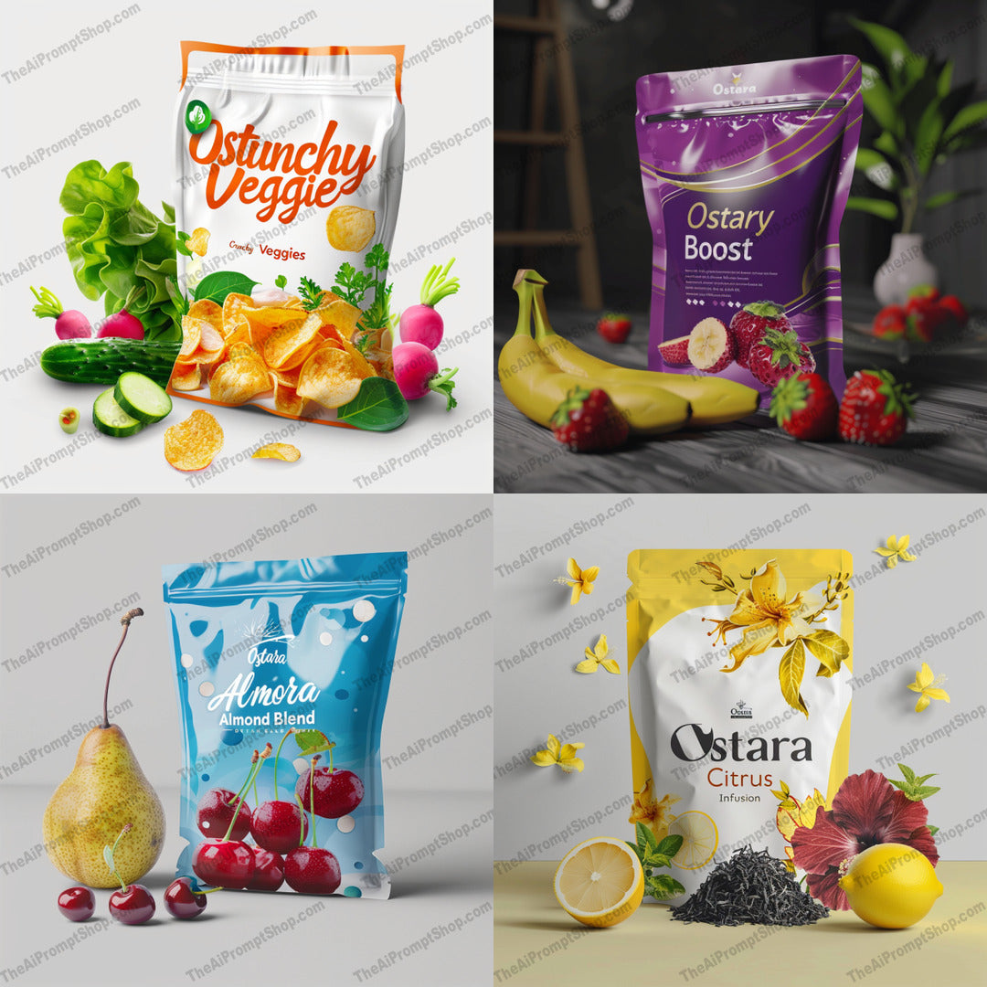 Vibrant Food Packaging Designs AI MidJourney Image Prompt, 9407 Mockups - Products, midjourney, food packaging, vibrant design, modern aesthetics, healthy snacks, fruit packaging, vegetable packaging, colorful presentation, food branding, clean design, fresh produce, product marketing, graphic design, health products, wellness, packaging mockup, visual appeal, branding, commercial design, product showcase, enticing visuals, Midjourney, Ai, Ai Image Prompt, Image Prompt, Prompt