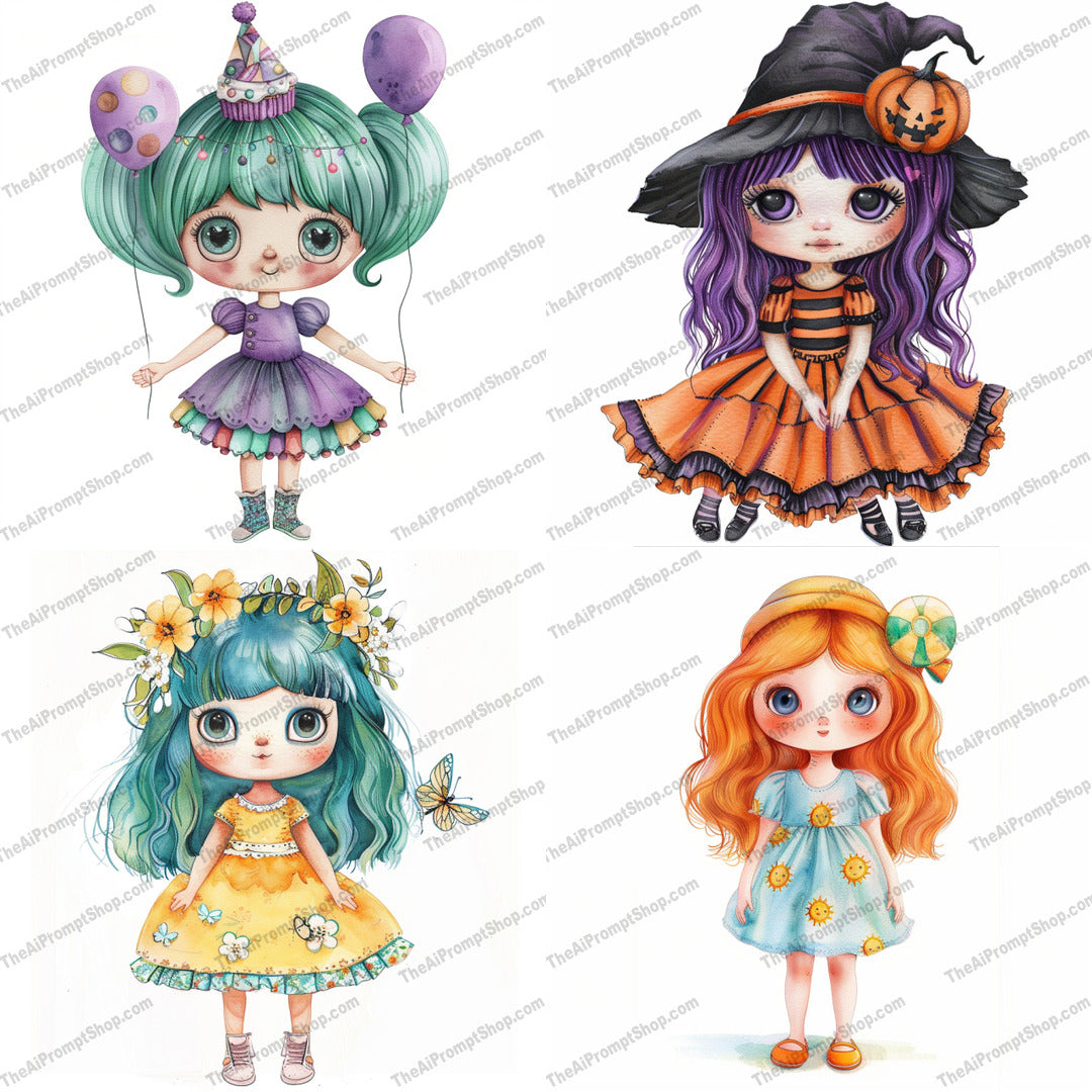 Whimsical Girls in Various Costumes AI MidJourney Image Prompt, 9652 Storybook Illustrations, midjourney, whimsical, costumes, party dress, witch costume, spring dress, cute dress, girls, fashion, characters, colorful outfits, festive, floral, magical, enchanting, detailed, vibrant colors, young girl, outfits, youth fashion, adorable, Midjourney, Ai, Ai Image Prompt, Image Prompt, Prompt
