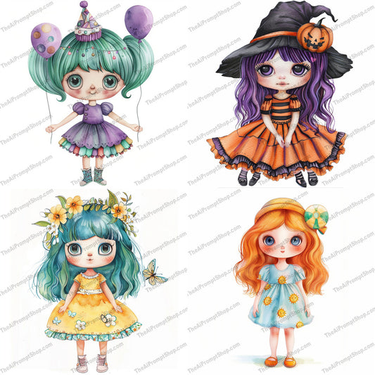 Whimsical Girls in Various Costumes AI MidJourney Image Prompt, 9652 Storybook Illustrations, midjourney, whimsical, costumes, party dress, witch costume, spring dress, cute dress, girls, fashion, characters, colorful outfits, festive, floral, magical, enchanting, detailed, vibrant colors, young girl, outfits, youth fashion, adorable, Midjourney, Ai, Ai Image Prompt, Image Prompt, Prompt