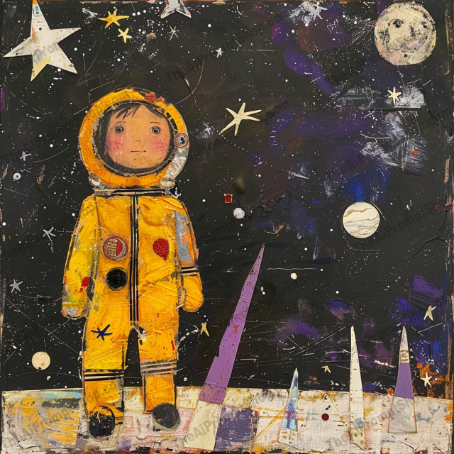 Whimsical Cosmic Adventures AI MidJourney Image Prompt, 8010artistic, childhood dreams, children, cosmic, creative, dreamy, exploration, handmade textures, imagination, midjourney, planets, playful, space, stars, universe, whimsical