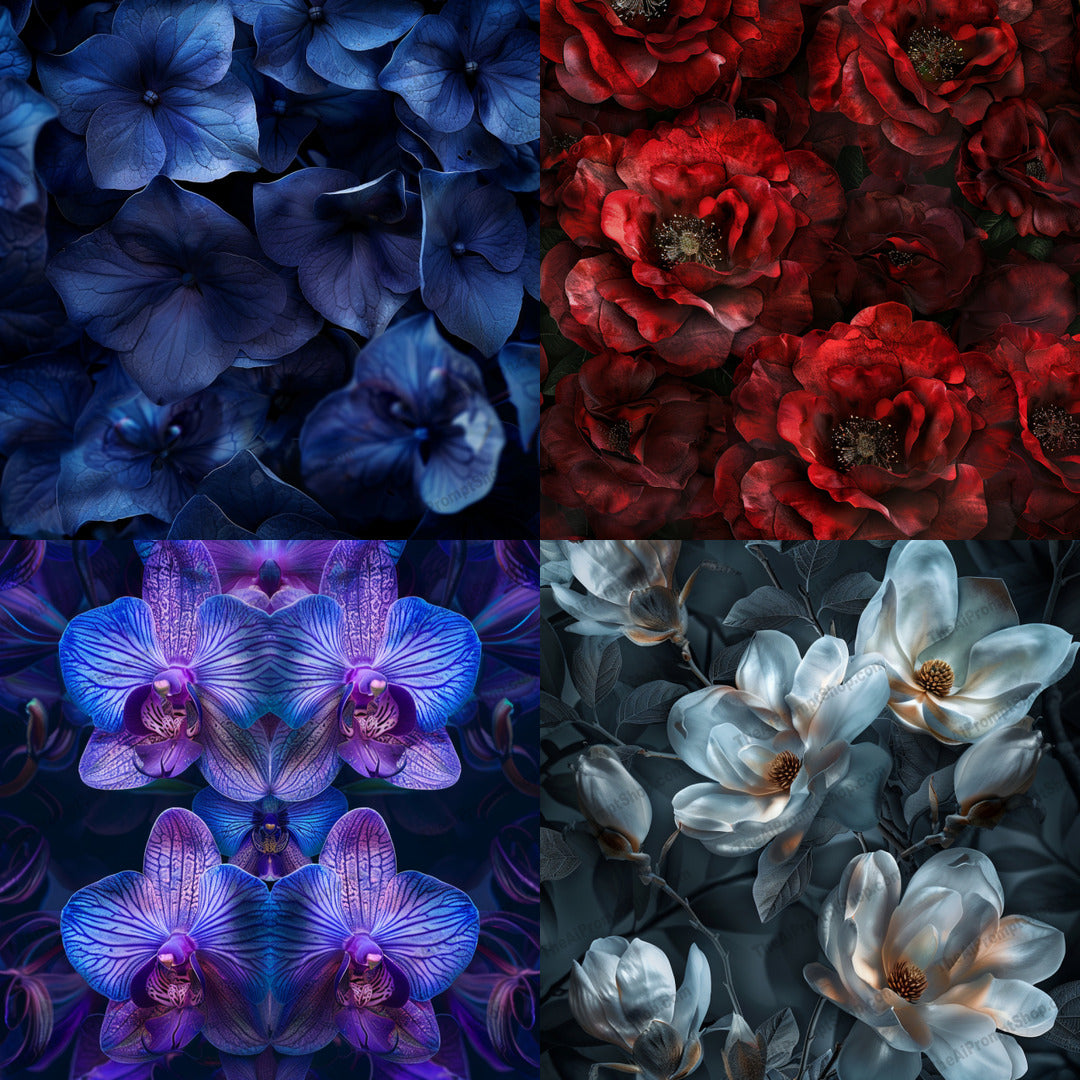 Vibrant Floral Art AI MidJourney Image Prompt, 9333 Florals, midjourney, flowers, floral, vibrant, colorful, detailed, roses, magnolias, orchids, blue flowers, red flowers, white flowers, purple flowers, nature, botanical, elegant, artistic, illustration, petals, bloom, garden, Midjourney, Ai, Ai Image Prompt, Image Prompt, Prompt