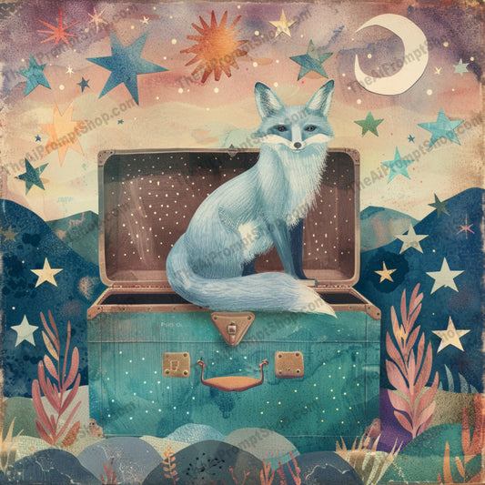 Animals on Luggage AI MidJourney Image Prompt, 9269 Animals, midjourney, whimsical animals, fox illustration, frog art, flamingo drawing, rabbit design, vintage luggage, celestial background, floral elements, wave art, sun rays, dreamy illustration, fantastical animals, art collage style, vintage travel, animal portraits, surreal scenery, whimsical design, imaginative art, vintage vibe, storybook style, animal art, Midjourney, Ai, Ai Image Prompt, Image Prompt, Prompt