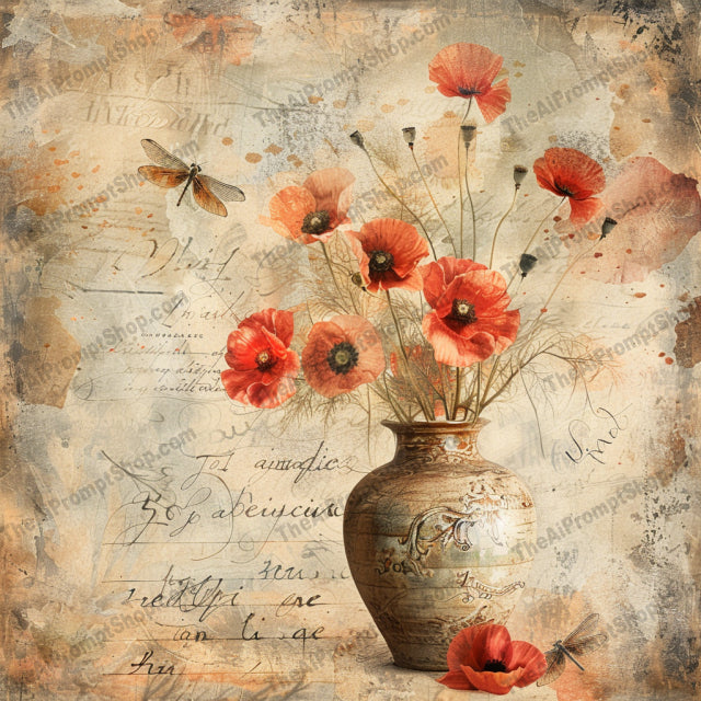 Vintage Floral Artwork AI MidJourney Image Prompt, 8239antique, botanical, butterflies, decor, delicate, dragonflies, elegant, hand-painted, illustrationmidjourney, ladybugs, lavender, nature, pastel colors, poppies, roses, rustic, sunflowers, vintage floral artwork