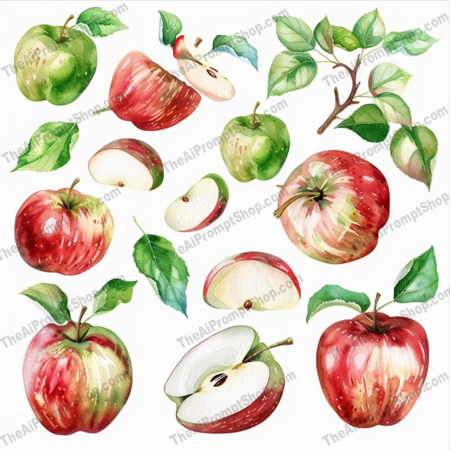 Watercolor Fruit Illustration AI MidJourney Image Prompt, 8176aesthetic, apple, artwork, botanical, citrus, colorful, detail, fresh, hand-painted, juicy, lifelike, lush leaves, natural, realisticmidjourney, texture, vibrant, watercolor fruit illustration