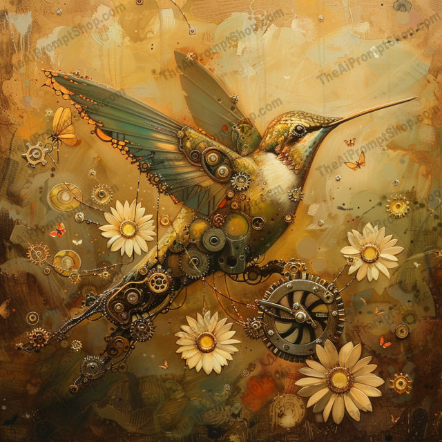 Steampunk Animal and Floral Artwork AI MidJourney Image Prompt, 9506 Fantasy, midjourney, steampunk, owl, dragonfly, flower, hummingbird, mechanical, intricate, artwork, fantasy, nature, gears, cogs, vintage, retro, detailed, whimsical, steampunk art, machine, rustic, natural forms, Midjourney, Ai, Ai Image Prompt, Image Prompt, Prompt