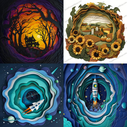 Layered Paper Art Scenes AI MidJourney Image Prompt, 9476 Storybook Illustrations, midjourney, digital art, paper art, layered art, intricate details, whimsical, vibrant colors, decorative art, art collage, fantasy scene, nature art, space art, sunflowers, rural landscape, haunted house, space shuttle, galaxy, outer space, night sky, illustration, concept art, creative art, Midjourney, Ai, Ai Image Prompt, Image Prompt, Prompt