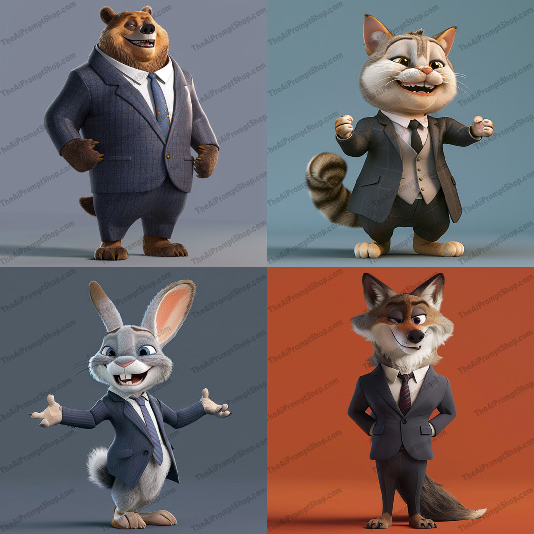 Anthropomorphic Animals in Suits AI MidJourney Image Prompt, 9017 Animals, midjourney, anthropomorphic, animals, suits, business attire, professional, creative, whimsical, bear, cat, rabbit, fox, character design, stylized, 3D, animation, cartoon, dressed up, fashion, unique, artistic, charming, Midjourney, Ai, Ai Image Prompt, Image Prompt, Prompt
