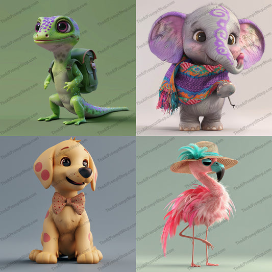 Cute Animal Characters AI MidJourney Image Prompt, 9310 Animals, midjourney, cute, animal, character, cartoon, whimsical, joyful, vibrant, detailed, charming, adorable, playful, fun, colorful, happy, illustration, digital art, 3D, friendly, kids, animation, Midjourney, Ai, Ai Image Prompt, Image Prompt, Prompt