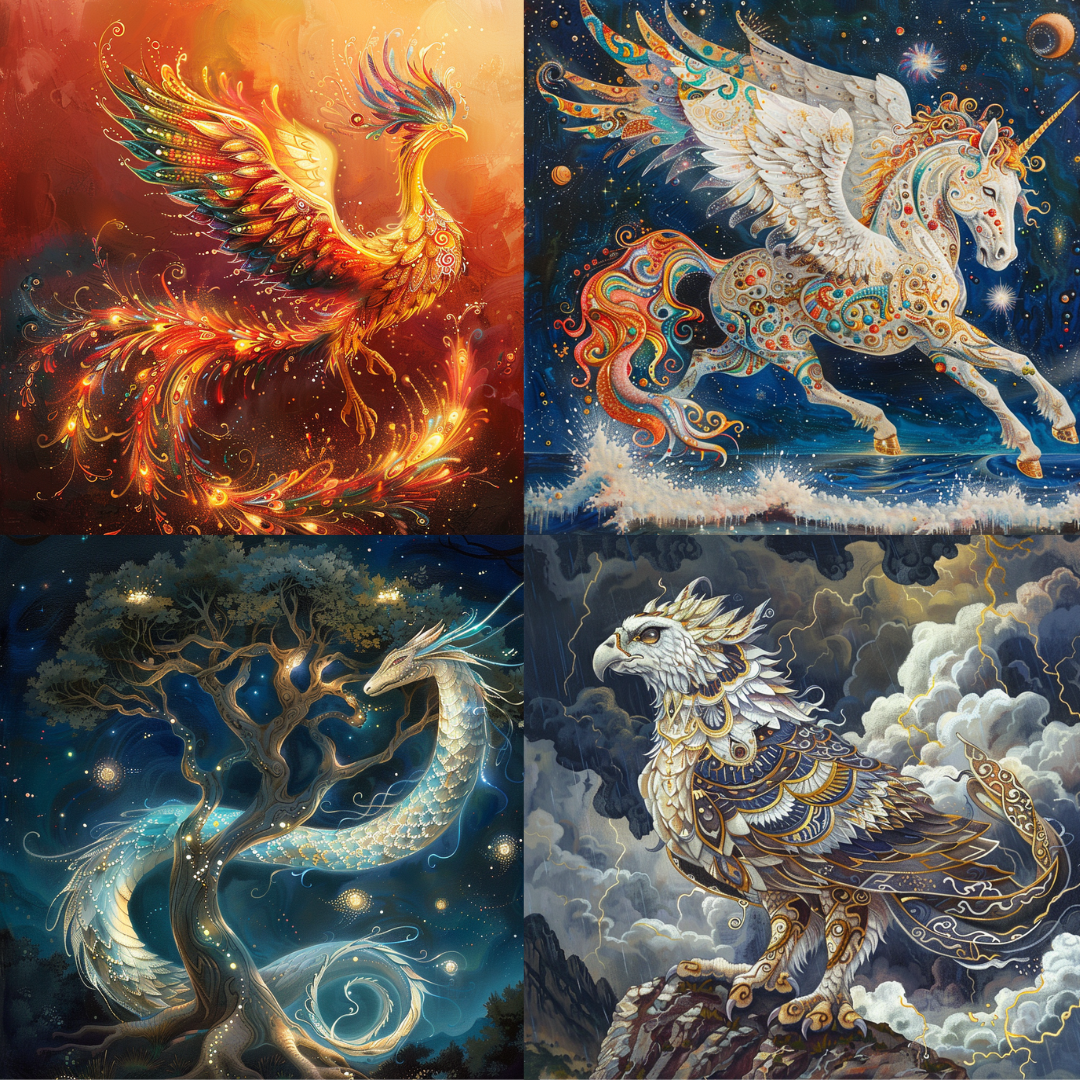 Majestic Mythical Creatures AI MidJourney Image Prompt, 8037AI image prompts, artistic exploration, celestial art, creative inspiration, detailed illustrations, dragon illustrations, epic creatures, fantasy designs, fantasy inspiration, fantasy storytelling, griffin designs, legendary beings, majestic beings, midjourney, mythical art, mythical legends, phoenix art, storytelling visuals, unicorn art, vibrant art