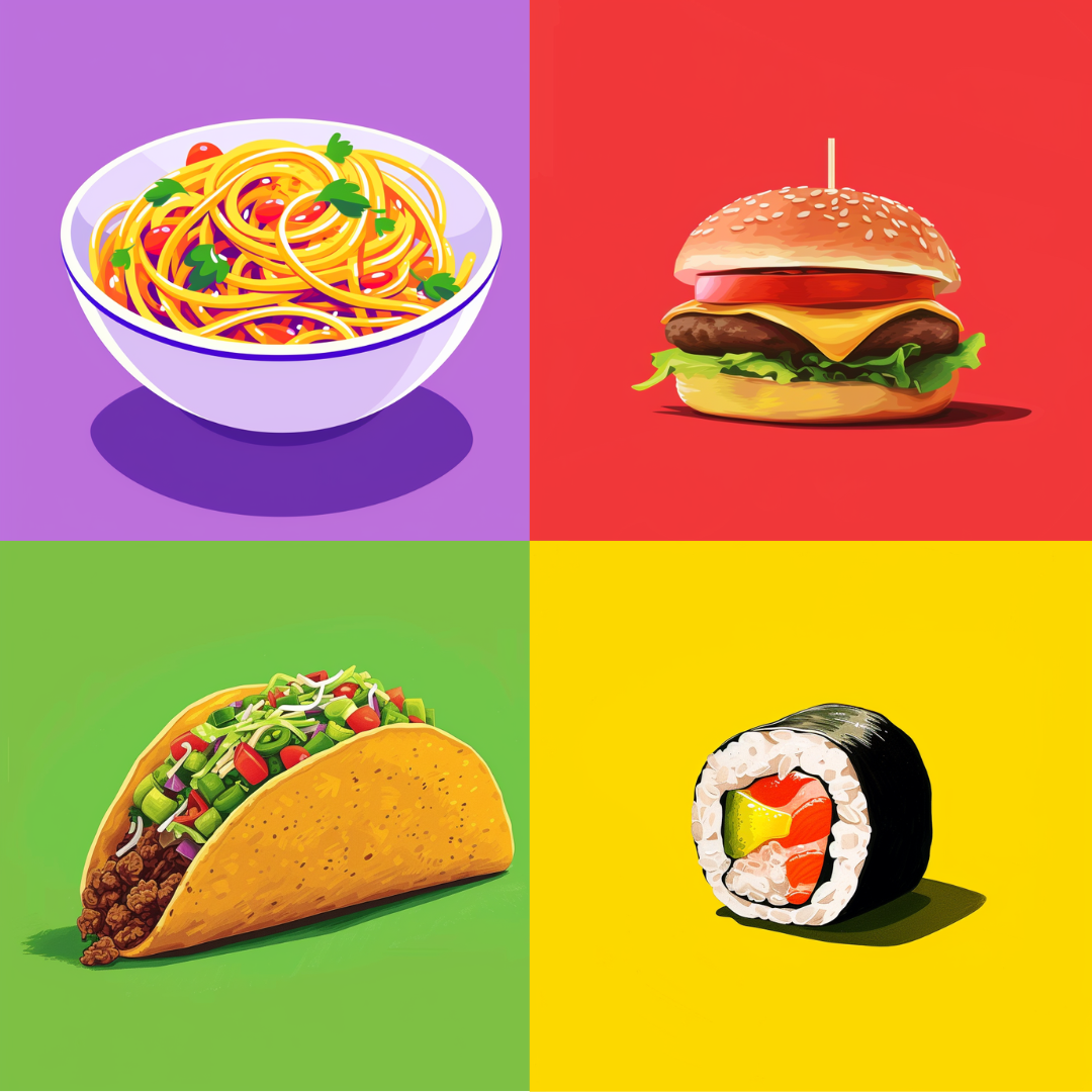 Gourmet Pop Art AI MidJourney Image Prompt, Food, 4289Artistic food representation, Bright edible compositions, chat gpt, chat gpt prompts, chatgpt, chatgpt prompts, Colorful appetite gallery, Colorful gastronomic delight, Comic style cuisine, Graphic gastronomy, midjourney, old color blocks, Playful food squares, Pop art flavor, Retro culinary pop, Satirical culinary art, Simplistic food illustration, Vibrant color fields, Vivid taste portrayal, Whimsical food art