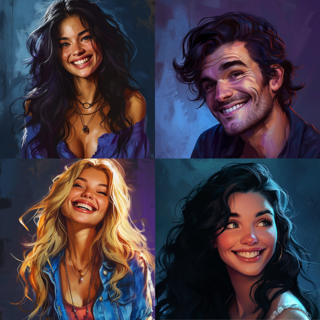 Vibrant Charisma Portraits AI MidJourney Image Prompt, People, 4182Artistic glow, Charismatic characters, chat gpt, chat gpt prompts, chatgpt, chatgpt prompts, Cheerful demeanor, Digital painting, Dynamic brushstrokes, Energetic ambiance, Engaging eyes, Expressive smiles, Joyful expressions, Lively portraiture, midjourney, Painterly textures, Radiant complexions, Realistic digital art, Vivid lighting, Warm color palette