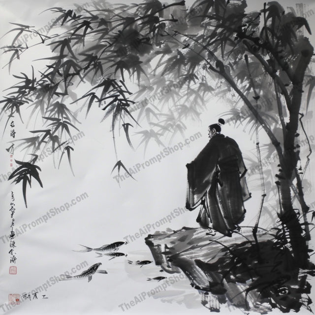 Elegant Zen Ink Art AI MidJourney Image Prompt, 8917 Isometrics & Icons, midjourney, zen, ink art, minimalist, solitary figure, serene landscapes, calmness, introspection, delicate brushwork, subtle contrasts, traditional, asian art, tranquility, peaceful, nature, monochrome, black and white, meditative, walking, bamboo, chinese painting, Midjourney, Ai, Ai Image Prompt, Image Prompt, Prompt