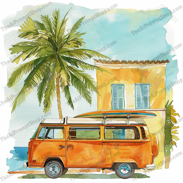 Whimsical Watercolor Vibes AI MidJourney Image Prompt, 9368 Fantasy, midjourney, watercolor, serene, bicycle, blooming tree, vintage van, palm tree, countryside cottage, motorcycle, mystical creature, detailed, intricate, whimsical, beauty, tranquil, art, nostalgia, unique art piece, street scene, vintage style, serene setting, Midjourney, Ai, Ai Image Prompt, Image Prompt, Prompt