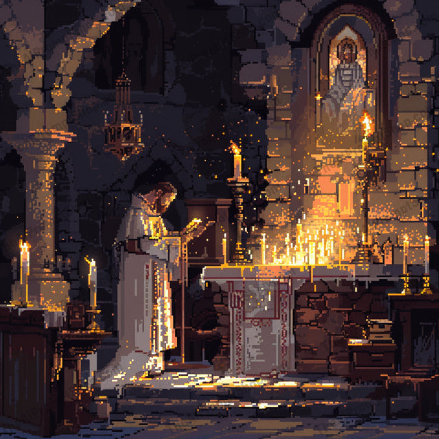 Medieval Pixel Art AI MidJourney Image Prompt, 8227Adventure, Armory, Atmospheric, Bygone Era, Candle-lit, Detailed, Forest Chapel, Intricate, Knight, Map, Medieval Pixel Art, Monk, Mystery, Ranger, Retro Art, Storytellingmidjourney, Vibrant Colors