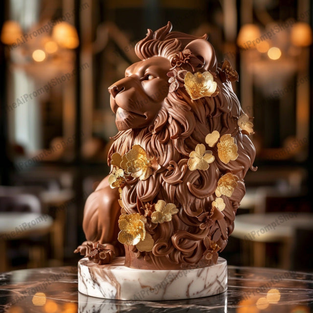 Luxurious Chocolate Artistry AI MidJourney Image Prompt, 8229box, castle, chocolate luxury art, craftsmanship, decorative, fondue fountain, high-end, intricate, jewels, lion sculpture, majestic, opulent texturesmidjourney, ornate, rich tones, warm tones