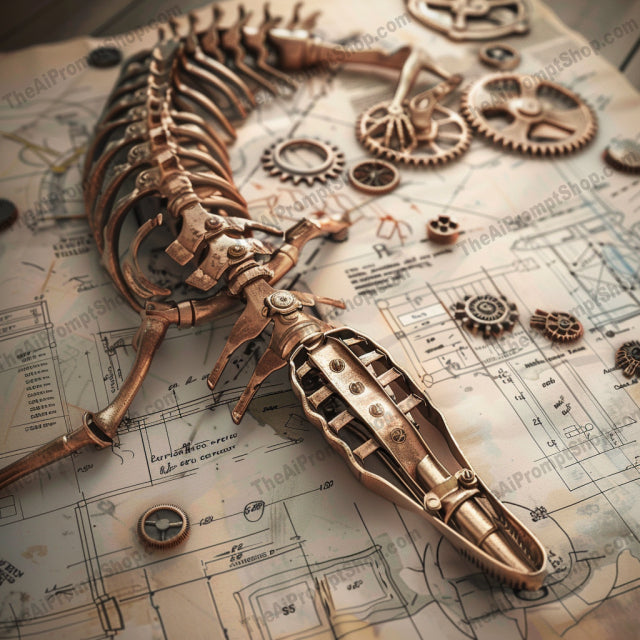 Steampunk Biomechanical Designs AI MidJourney Image Prompt, 8458Ai, Ai Image Prompt, anatomy, art, biomechanical, blueprint, design, drawing, engineering, Futuristic, gears, goggles, heart, Image Prompt, intricate, mechanical, midjourney, Prompt, prosthetic, robot, sci-fi, skeleton, steampunk, technology, vintage