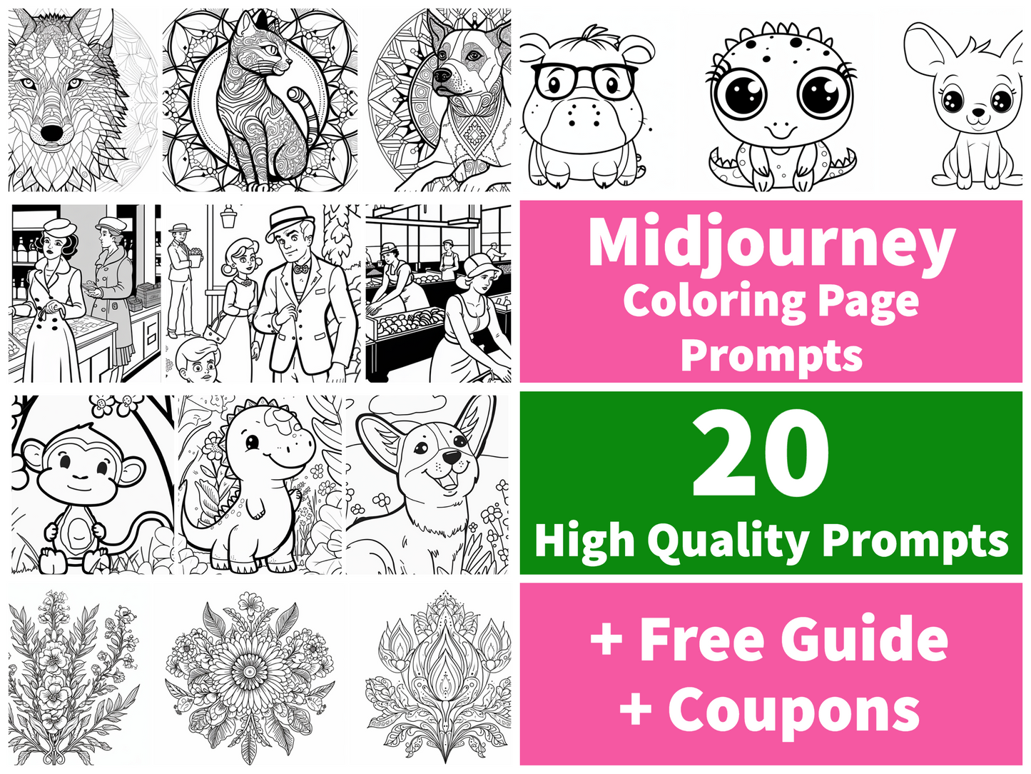 Midjourney AI Prompts for Coloring Book - 20 Prompts Pack