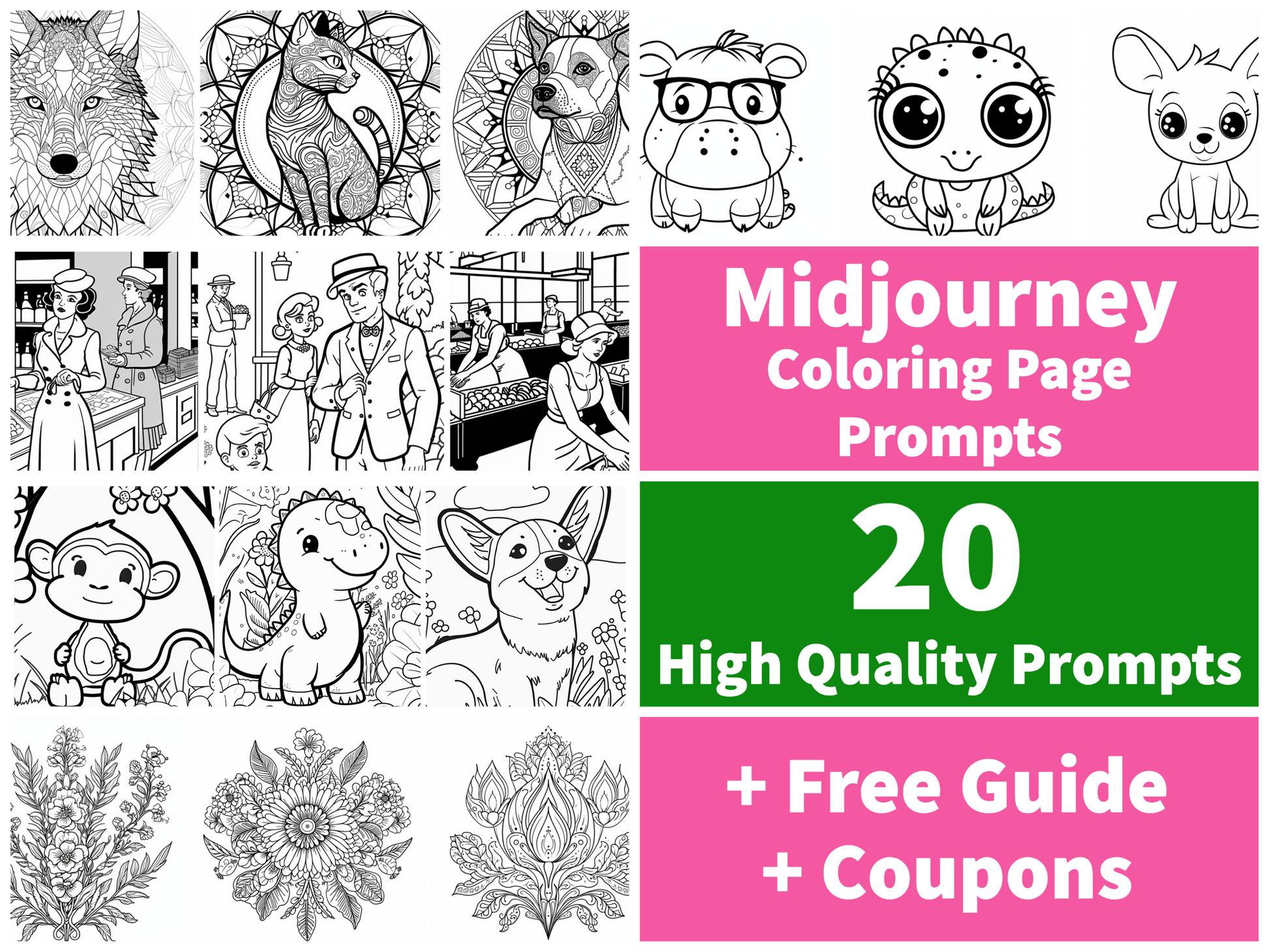 Midjourney AI Prompts for Coloring Book - 20 Prompts Pack