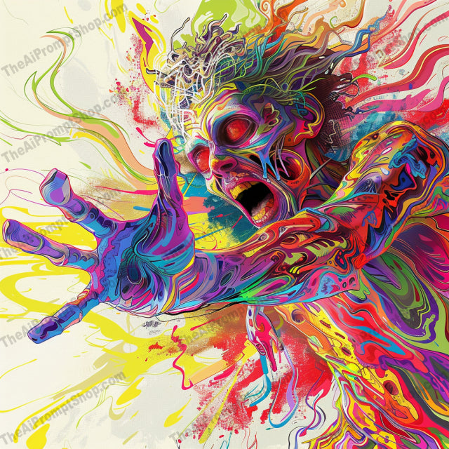 AI MidJourney Image Prompt, Psychedelic Scream, 4871Abstract terror, Acidic visions, chat gpt, chat gpt prompts, chatgpt, chatgpt prompts, Chromatic chaos, Colorful dread, Eerie ecstacy, Emotional eruption, Explosive fear, Frenzied art, Hypnotic horror, midjourney, Nightmare canvas, Psychedelic distortion, Scary, Splattered psyche, Surreal nightmare, Vibrant horror, Vivid terror, Wild expressions