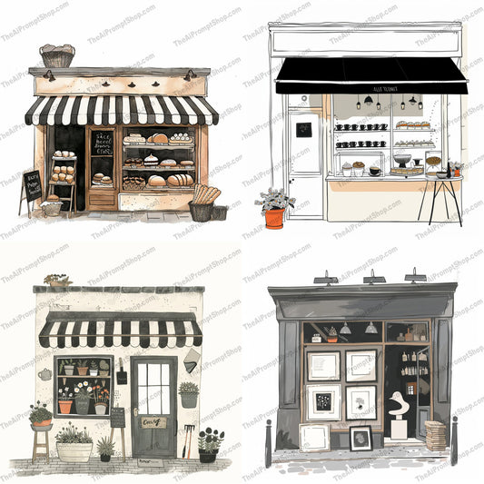 Charming Storefront Illustrations AI MidJourney Image Prompt, 9586 Storybook Illustrations, midjourney, storefront, illustration, charming, quaint, cozy, small shop, facade, artistic, rustic, detailed, shop, store, inviting, beautiful, character, artwork, design, unique, picturesque, vintage, Midjourney, Ai, Ai Image Prompt, Image Prompt, Prompt