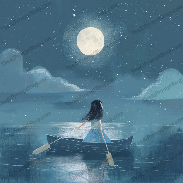 Whimsical Night Rowing AI MidJourney Image Prompt, 9342 Landscapes & Paintings, midjourney, whimsical, night, rowing, boat, serene, star-filled, sky, calm, tranquil, water, soft colors, dreamy, peace, wonder, nighttime, illustration, character, moonlight, paddle, starry night, Midjourney, Ai, Ai Image Prompt, Image Prompt, Prompt