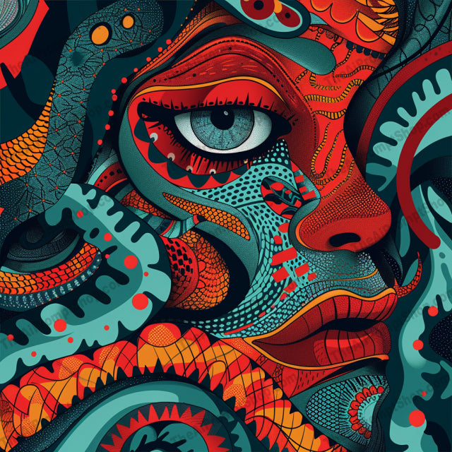 Vibrant Abstract Portrait AI MidJourney Image Prompt, 8342abstract, Ai, Ai Image Prompt, artistic, bold colors, colorful, contemporary, decorative, digital art, dynamic patterns, expression, eye-catching, face, Image Prompt, innovative, intense, intricate shapes, mesmerizing, midjourney, modern art, portrait, Portraits & People, Prompt, psychedelic, swirling colors, vibrant, whimsical