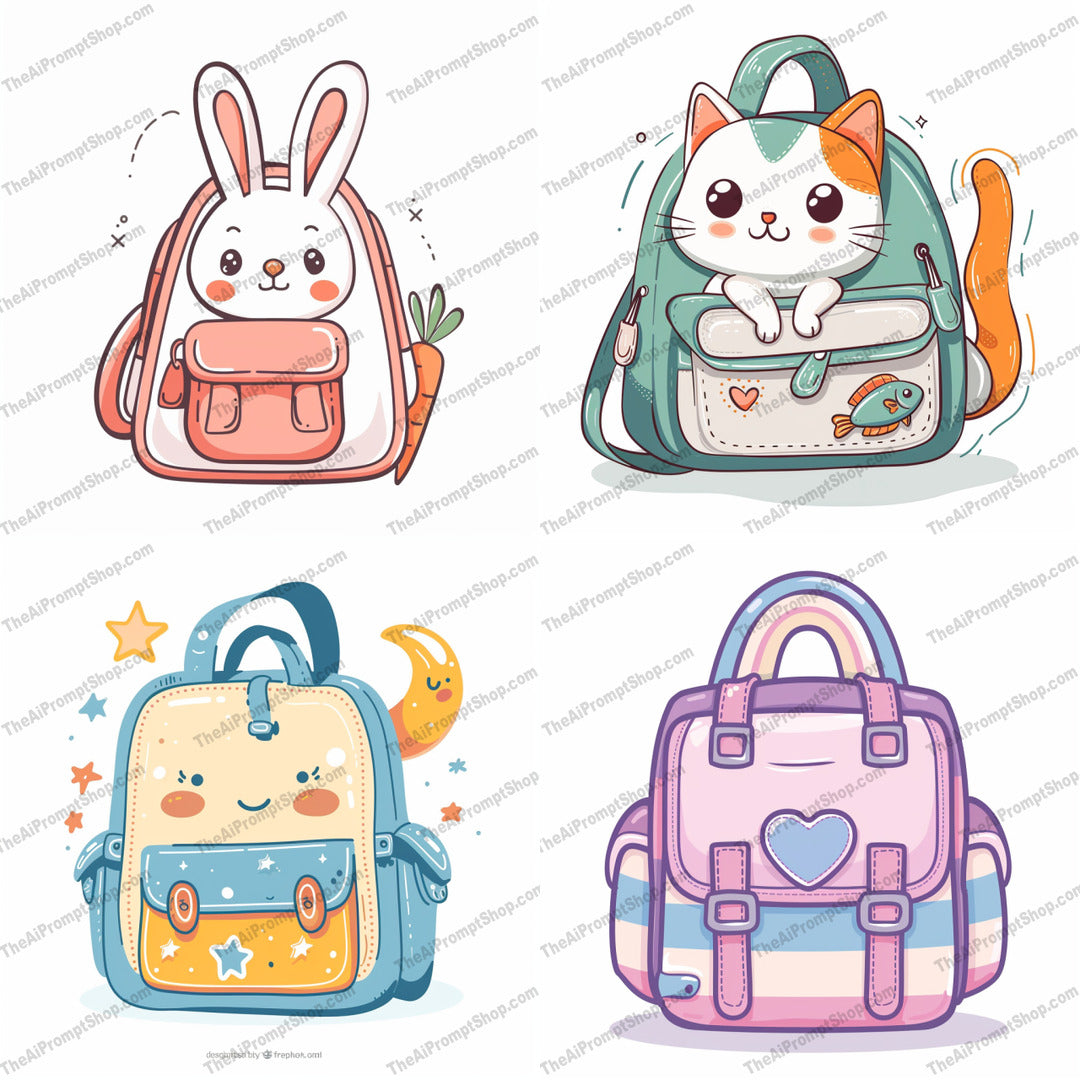 Cute Cartoon Backpacks AI MidJourney Image Prompt, 8899 Animation & Cartoons, midjourney, cartoon, cute, backpacks, illustration, playful, children, whimsical, adorable, character, vibrant, fun, colorful, youthful, happy, joyful, kid-friendly, creative, amusing, cheerful, design, Midjourney, Ai, Ai Image Prompt, Image Prompt, Prompt