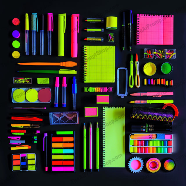 Art Supplies Flat Lay AI MidJourney Image Prompt, 8147art supplies, brushes, classic, colorful, creative inspiration, drawing, flat lay, materials, midjourney, minimalist, modern, notebooks, organization, painting, pencils, pens, stationery, tools, vibrant