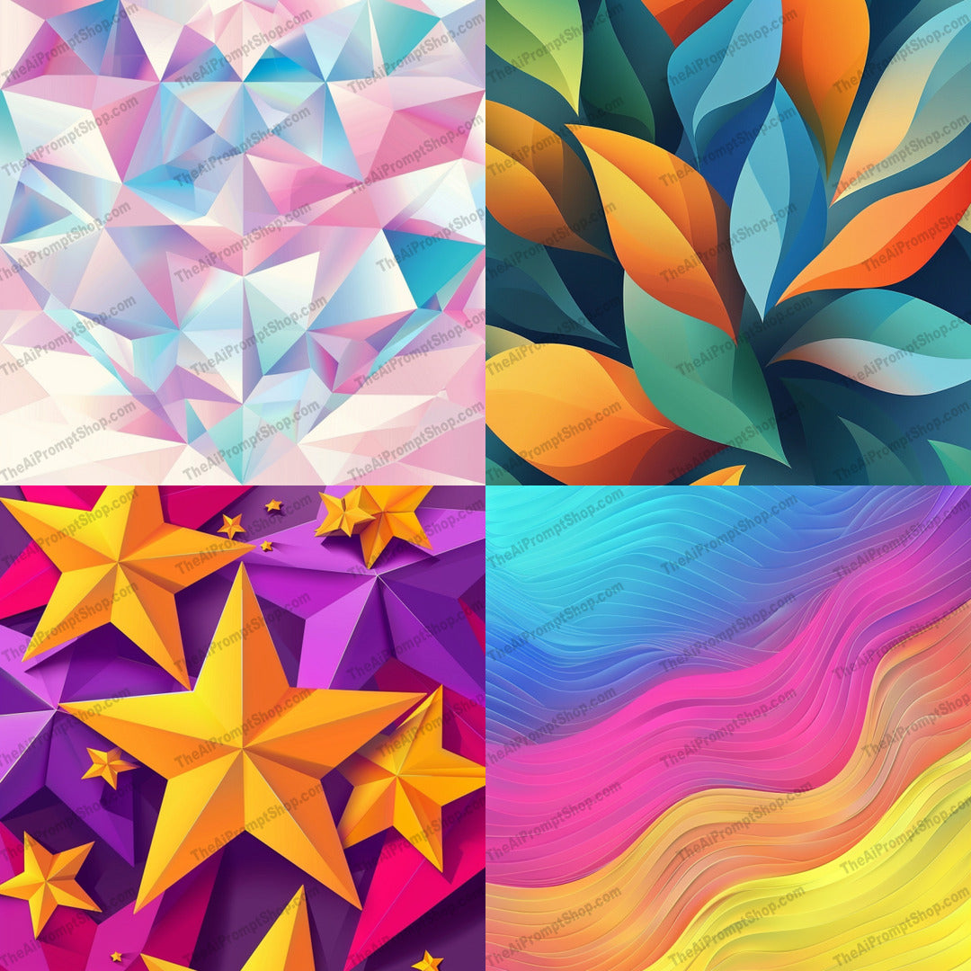 Abstract Geometric Art AI MidJourney Image Prompt, 8903 — Create vibrant abstract geometric artwork with faceted forms, stylized leaves, dramatic stars, and… — cover image