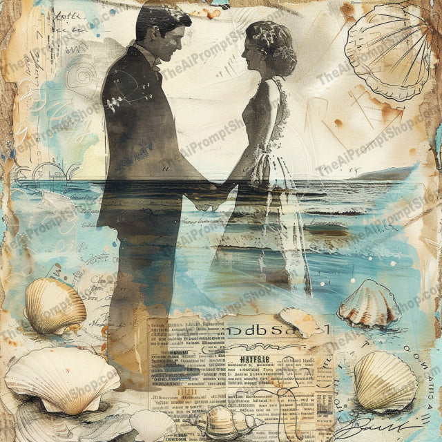 Romantic Vintage Art AI MidJourney Image Prompt, 8242affection, artistic, butterflies, classic, collage, couple, decor, dreamy, elegant, flowers, love, nostalgic, ocean waves, romance, romantic vintage art, rustic, sheet music, texture, wall artmidjourney