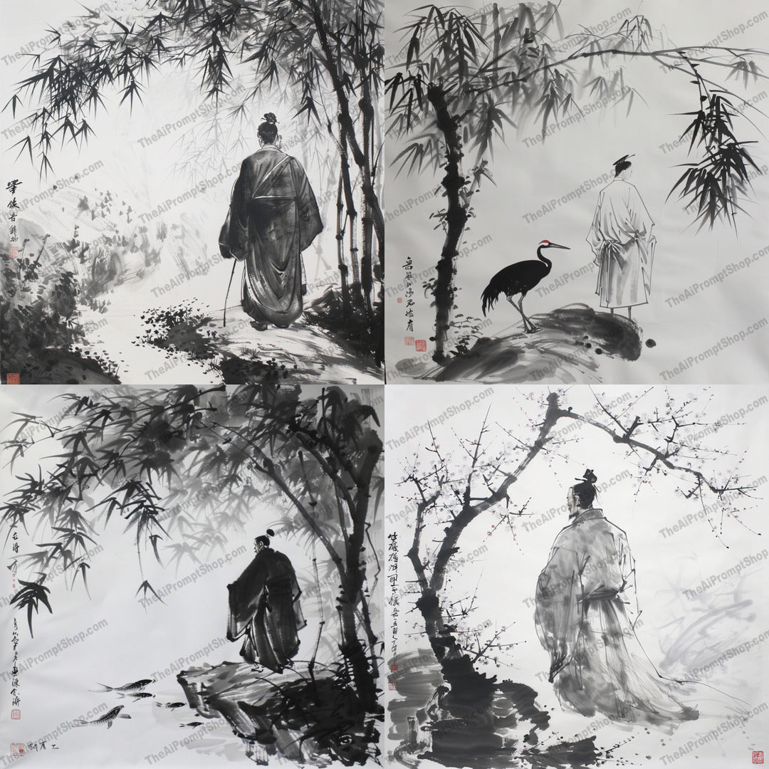 Elegant Zen Ink Art AI MidJourney Image Prompt, 8917 Isometrics & Icons, midjourney, zen, ink art, minimalist, solitary figure, serene landscapes, calmness, introspection, delicate brushwork, subtle contrasts, traditional, asian art, tranquility, peaceful, nature, monochrome, black and white, meditative, walking, bamboo, chinese painting, Midjourney, Ai, Ai Image Prompt, Image Prompt, Prompt