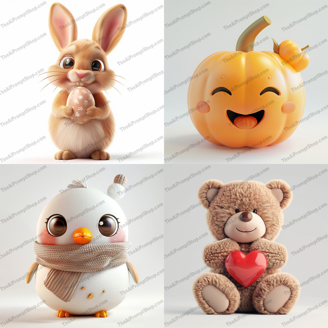 Cute Character Art AI MidJourney Image Prompt, 9004 Character Art, midjourney, cute, character art, whimsical, bunny, Easter, pumpkin, joyful, snowman, winter, teddy bear, heart, adorable, cartoon, illustration, warm, delightful, happy, playful, fun, lovely, Midjourney, Ai, Ai Image Prompt, Image Prompt, Prompt