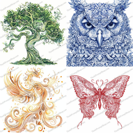 Intricate Artistic Designs AI MidJourney Image Prompt, 9418 Animals, midjourney, intricate, artistic, designs, nature, animals, detailed, patterns, tree, owl, phoenix, butterfly, elegant, vibrant, harmonious, artwork, complex, delicate, beauty, nature art, animal art, Midjourney, Ai, Ai Image Prompt, Image Prompt, Prompt