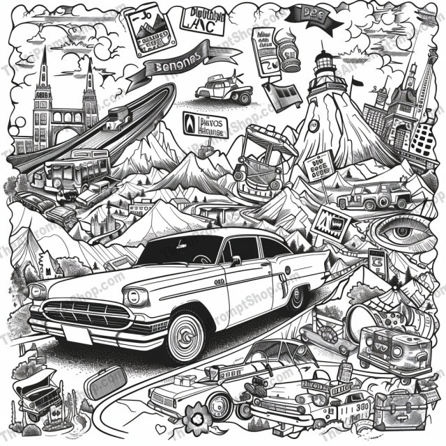 Vintage Travel Illustration AI MidJourney Image Prompt, 8761 Animals, midjourney, vintage, travel, transportation, trains, cruise ships, bicycles, classic cars, black and white, nostalgic, detailed, artistic, illustration, red accent, vintage travel, retro, cities, urban, sea, mountains, adventure, landmarks, Midjourney, Ai, Ai Image Prompt, Image Prompt, Prompt