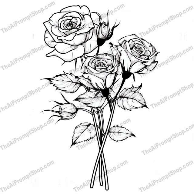 Elegant Flower Bouquet Illustration AI MidJourney Image Prompt, 8182aesthetic, artistic, black and white, botanical, bouquet, classic, daisies, decorative, detailed, elegant, flower illustration, lilies, line workmidjourney, nature, pen and ink, roses, sketch, timeless, tulips