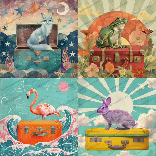 Animals on Luggage AI MidJourney Image Prompt, 9269 Animals, midjourney, whimsical animals, fox illustration, frog art, flamingo drawing, rabbit design, vintage luggage, celestial background, floral elements, wave art, sun rays, dreamy illustration, fantastical animals, art collage style, vintage travel, animal portraits, surreal scenery, whimsical design, imaginative art, vintage vibe, storybook style, animal art, Midjourney, Ai, Ai Image Prompt, Image Prompt, Prompt