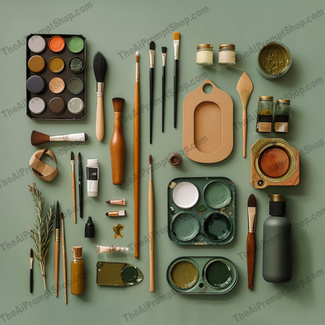 Art Supplies Flat Lay AI MidJourney Image Prompt, 8147art supplies, brushes, classic, colorful, creative inspiration, drawing, flat lay, materials, midjourney, minimalist, modern, notebooks, organization, painting, pencils, pens, stationery, tools, vibrant