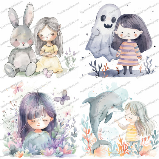 Cute Character Illustrations AI MidJourney Image Prompt, 9442 Storybook Illustrations, midjourney, cute, character, illustration, watercolor, child, animal, rabbit, ghost, fantasy, playful, innocence, storybook, decoration, whimsical, delicate, pastel, animation, cartoon, adorable, sweet, Midjourney, Ai, Ai Image Prompt, Image Prompt, Prompt