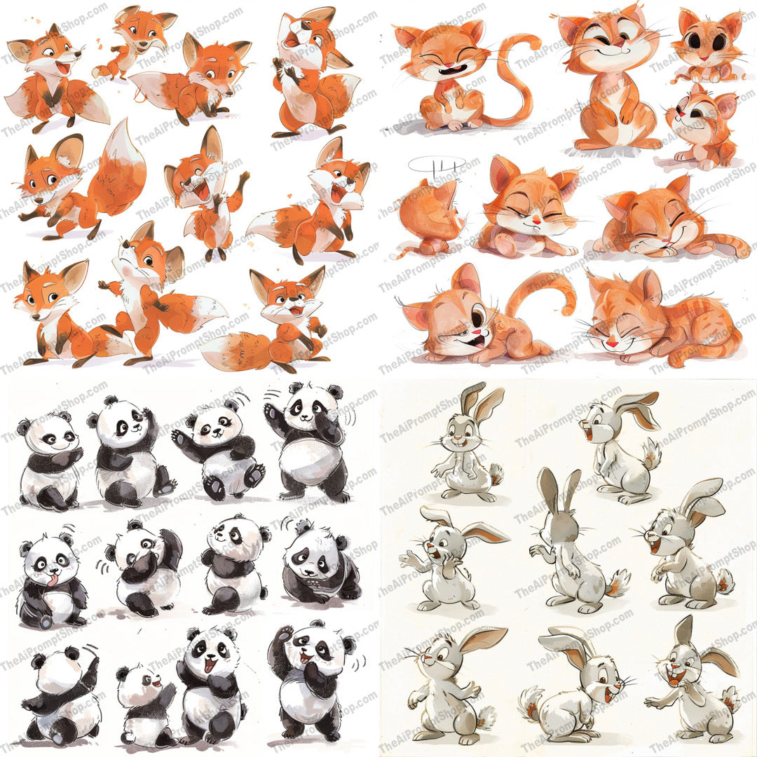 Cute Animal Characters AI MidJourney Image Prompt, 9424 Animals, midjourney, cute animals, whimsical art, animal characters, playful poses, adorable illustration, fox illustration, panda illustration, bunny illustration, cute fox, happy animals, illustrated animals, animal art, cartoon animal, sweet animals, charming illustration, joyful art, endearing characters, cute artwork, animals in action, animal expressions, Midjourney, Ai, Ai Image Prompt, Image Prompt, Prompt