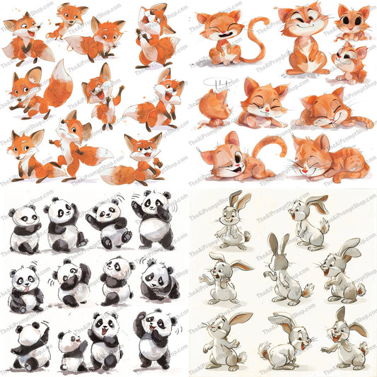 Cute Animal Characters AI MidJourney Image Prompt, 9424 Animals, midjourney, cute animals, whimsical art, animal characters, playful poses, adorable illustration, fox illustration, panda illustration, bunny illustration, cute fox, happy animals, illustrated animals, animal art, cartoon animal, sweet animals, charming illustration, joyful art, endearing characters, cute artwork, animals in action, animal expressions, Midjourney, Ai, Ai Image Prompt, Image Prompt, Prompt