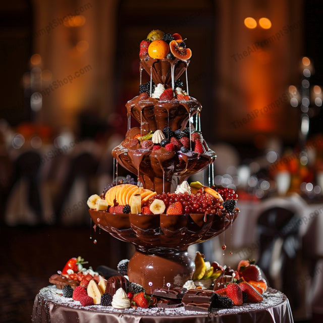 Luxurious Chocolate Artistry AI MidJourney Image Prompt, 8229box, castle, chocolate luxury art, craftsmanship, decorative, fondue fountain, high-end, intricate, jewels, lion sculpture, majestic, opulent texturesmidjourney, ornate, rich tones, warm tones