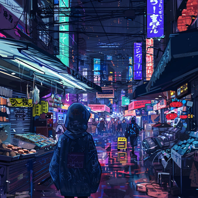 Neon Nightscapes Futuristic Cyberpunk AI MidJourney Image Prompt, 8082cityscape illustrations, cyberpunk city, dark urban scenes, edgy wall art, futuristic decor, midjourney, moody atmosphere, night city art, retro-futurism, sci-fi aesthetic, street art, tech-inspired decor, urban nightscapes