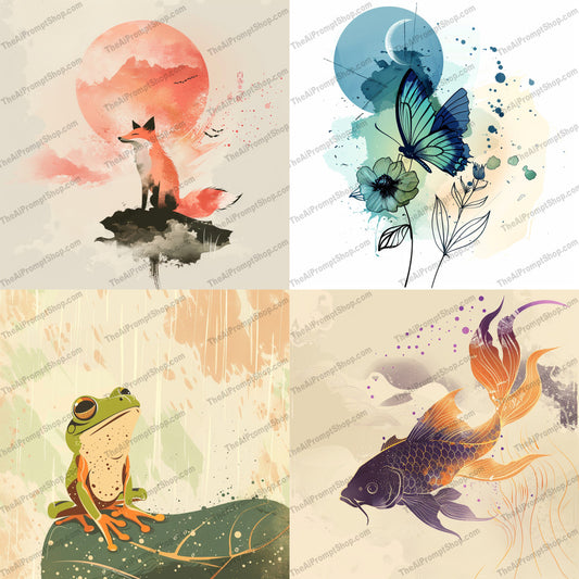 Artistic Animal Illustrations AI MidJourney Image Prompt, 9313 Animals, midjourney, artistic, animal illustrations, watercolor effect, vibrant colors, abstract elements, animal art, fox, butterfly, frog, fish, nature, wildlife, creative, modern art, art prints, home decor, unique art, art lovers, detailed illustrations, fine art, Midjourney, Ai, Ai Image Prompt, Image Prompt, Prompt