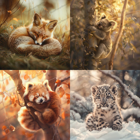 Adorable Wild Animals in Nature AI MidJourney Image Prompt, 8981 Animals, midjourney, wild animals, cute animals, fox, koala, red panda, snow leopard cub, nature, wildlife, animal photography, resting animals, peaceful habitats, adorable, soothing, forest animals, jungle animals, snow, trees, foliage, animal lovers, coziness, Midjourney, Ai, Ai Image Prompt, Image Prompt, Prompt