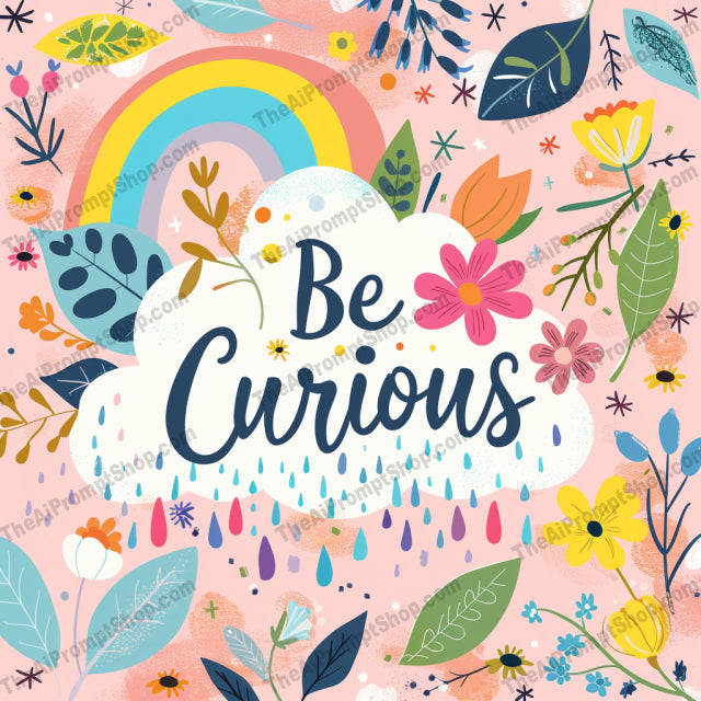 Be Curious: Nature's Wonders AI MidJourney Image Prompt, 8022artistic, be curious, creative, exploration, inspirational, midjourney, motivational, mountain, mushroom, nature, playful, positive message, rainbow, tree, typography, whimsical