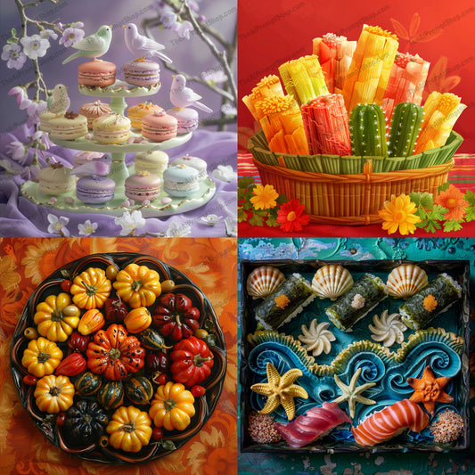 Whimsical Food Arrangement AI MidJourney Image Prompt, 9500 Food, midjourney, digital art, food art, whimsical, vibrant, macarons, sweets, cakes, decorative food, artistic cuisine, playful art, culinary art, pastel colors, intricate design, imaginative food, food arrangement, delightful, creative, colorful, fantasy, digital illustration, Midjourney, Ai, Ai Image Prompt, Image Prompt, Prompt